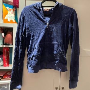JUICY COUTURE NAVY BLUE VELOUR ZIP UP HOODIE SWEATSHIRT JACKET SIZE LARGE